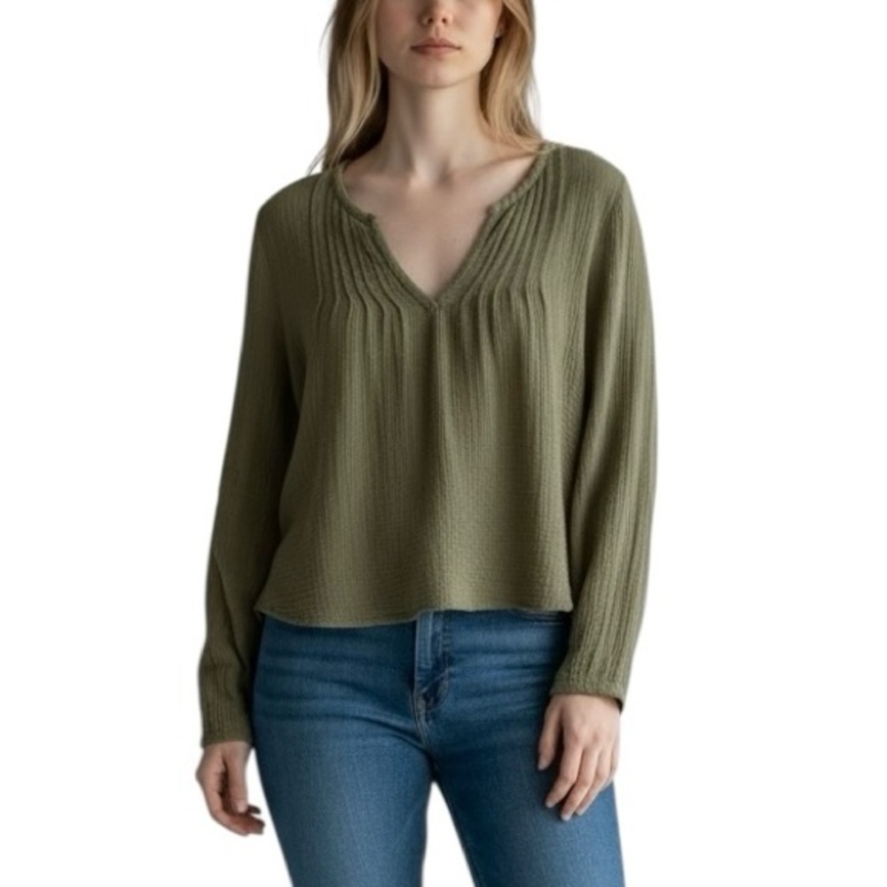 Wonderly Sage Green V-Neck Waffle Knit Blouse Top XL